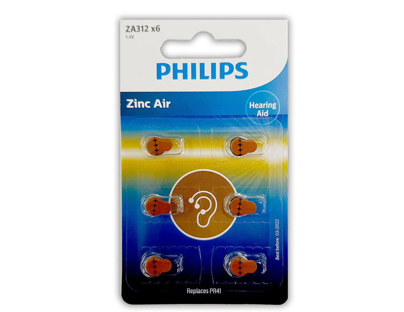 6pc Philips ZA312B6A/97 Zinc Air Button Cell 1.4V 160mAh Hearing Aid Battery