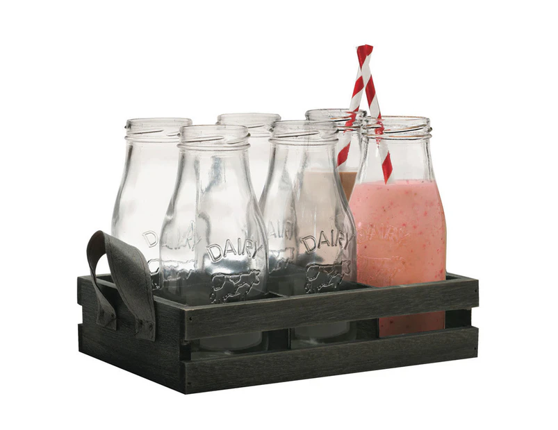 6PC 325ml Avanti 16649 Glass Milk Bottle Set w  Candy Stripe Straws Wooden Tray