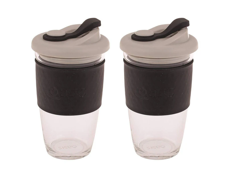 2x Oasis 454ml Borosilicate Glass Hot Cold Drinking Eco Cup Coffee Drink Mug BLK