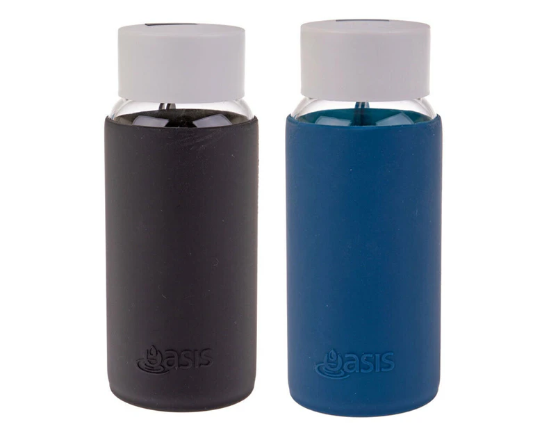 2pc Oasis 500ml Borosilicate Glass Water Bottle w  Silicone Sleeve Black Blue
