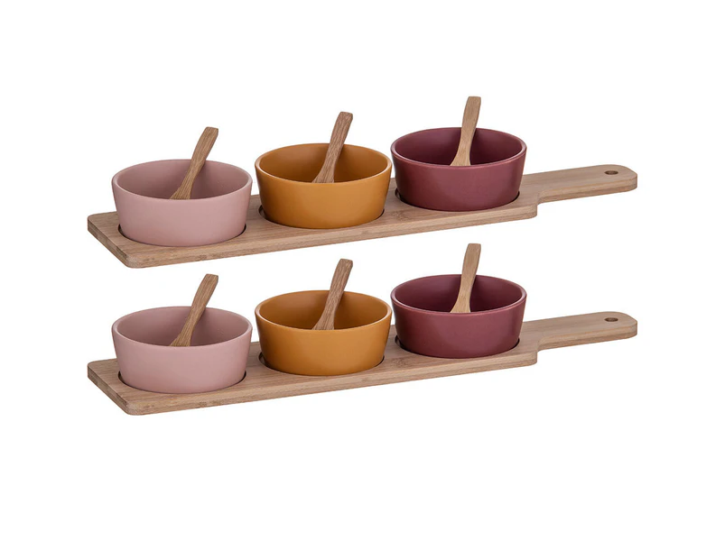 14pc Davis & Waddle Taste Serving Dips Bowls w Bamboo Paddle Pink Mustard Maroon