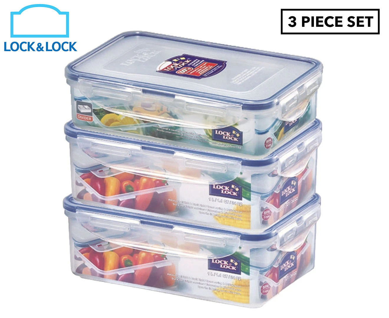 3PK Locknlock Airtight Classic Rectangle Stackable Lunchbox Food Container Set