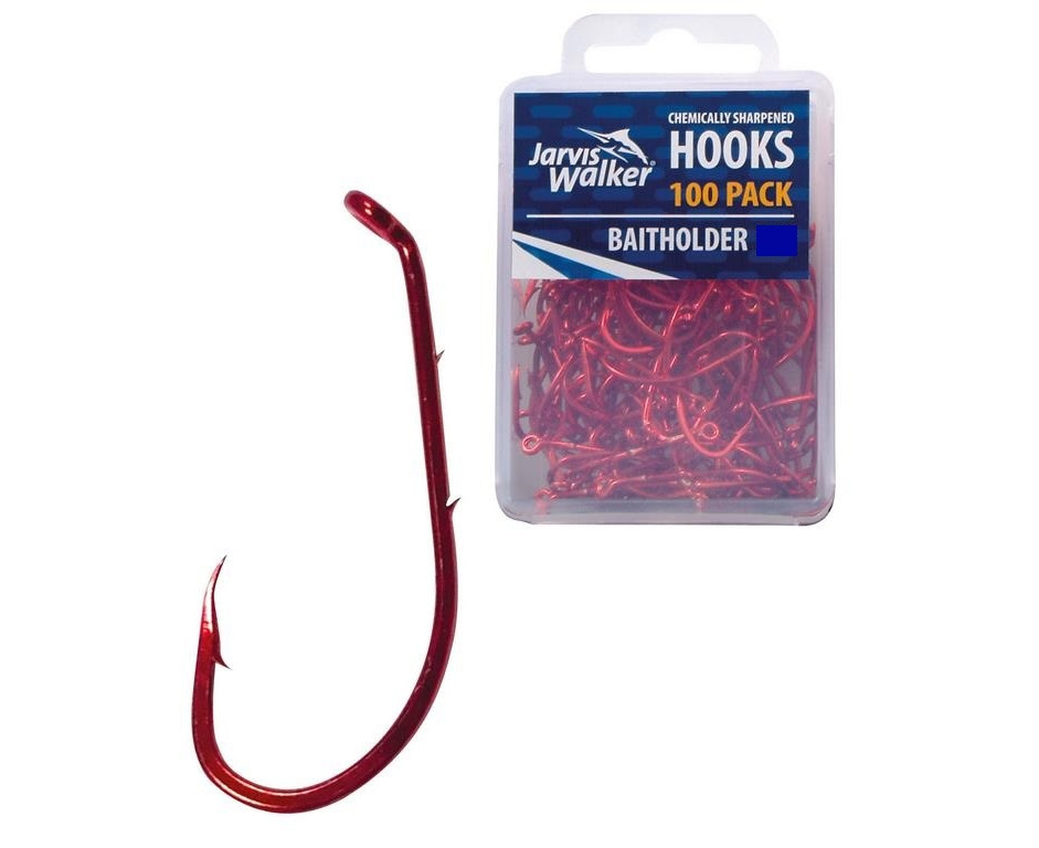 100 x Jarvis Walker Size 2/0 Baitholder Hooks - Red Chemically Sharpened  Hooks