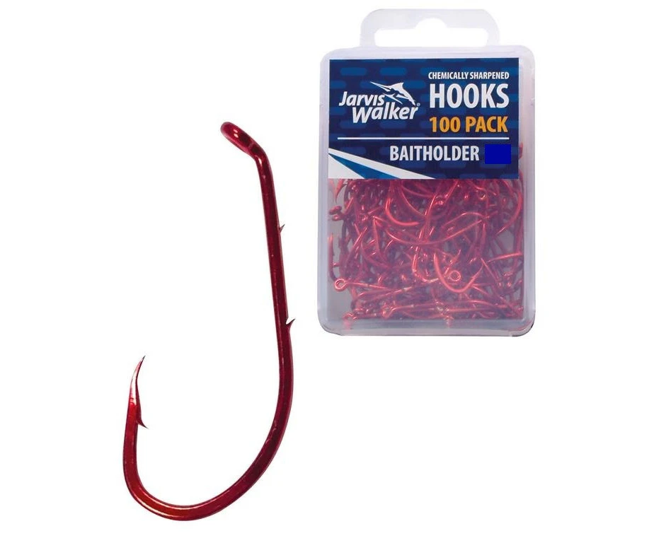 100 x Jarvis Walker Size 6 Baitholder Hooks - Red Chemically Sharpened Hooks