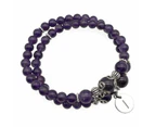 Georgiadis Amethyst Natural Gemstone Personalized Stainless Steel Initial Letter Charm Double Row Stretch Beaded Bracelet