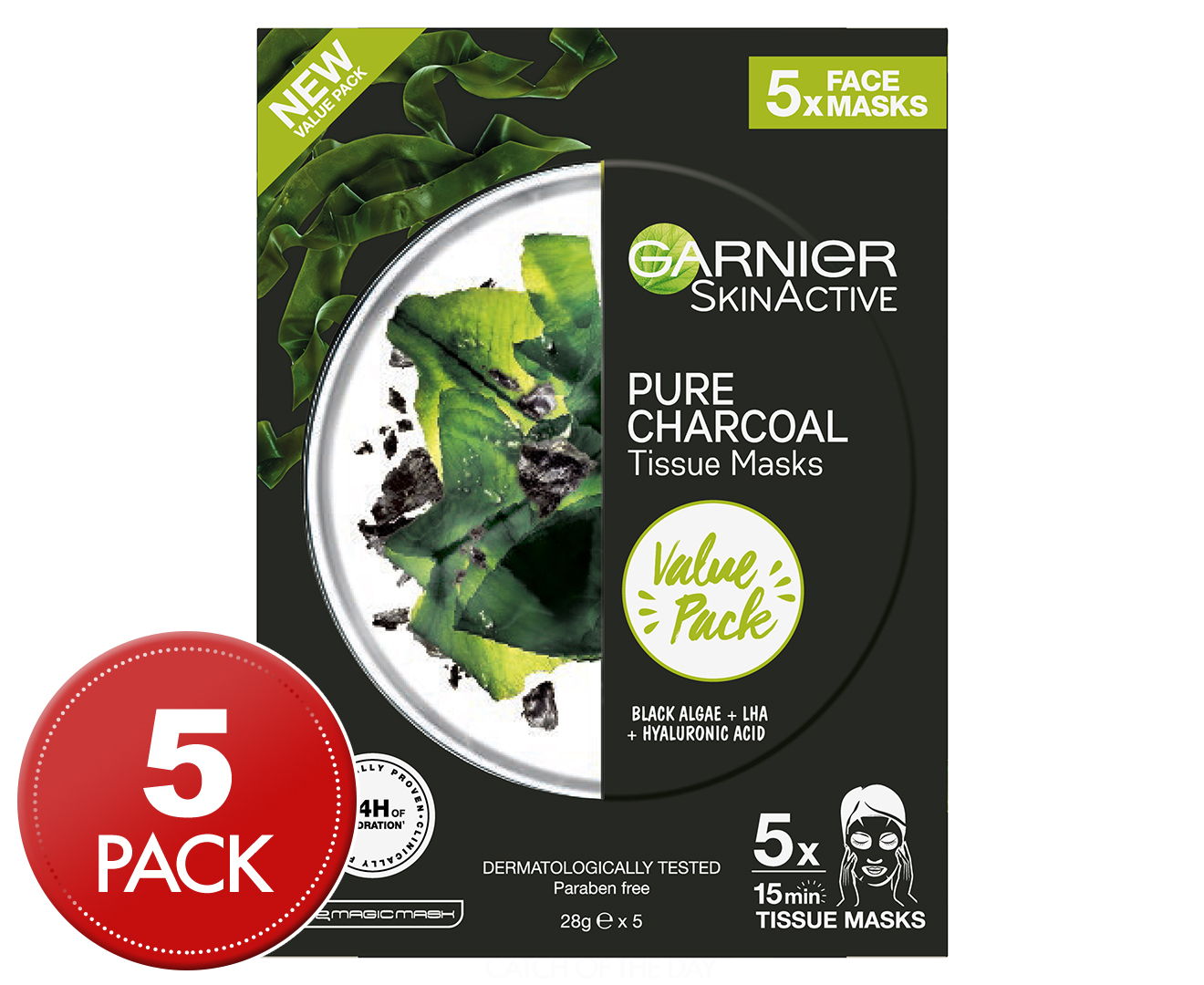 Garnier SkinActive Pure Charcoal Tissue Sheet Face Mask Black Algae 5-Pack