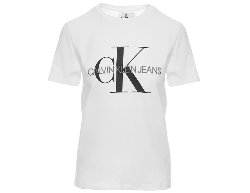 Calvin Klein Jeans Women's Washed Monogram Straight Tee / T-Shirt / Tshirt - Bright White