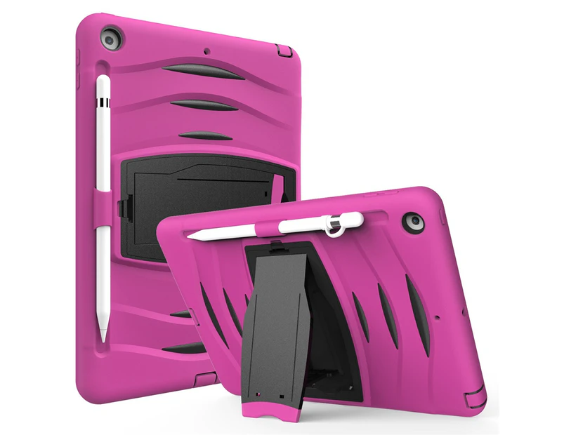 WIWU Shock Wave Kickstand Case Anti-Fall Protection With Pencil Holder+Cap For New iPad 7 10.2inch(2019)-Rose Red
