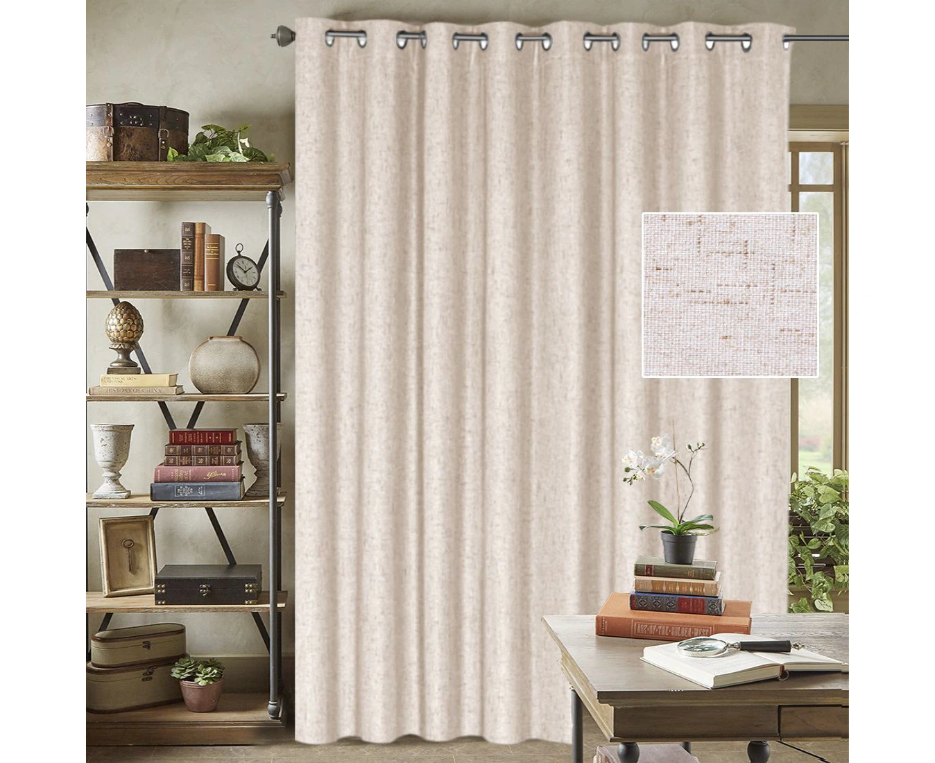 100% Blackout Curtains Linen Look Extra Wide Blockout Curtains for Bedroom / Living Room Primitive Window Draperies Eyelet Top, Natural Color