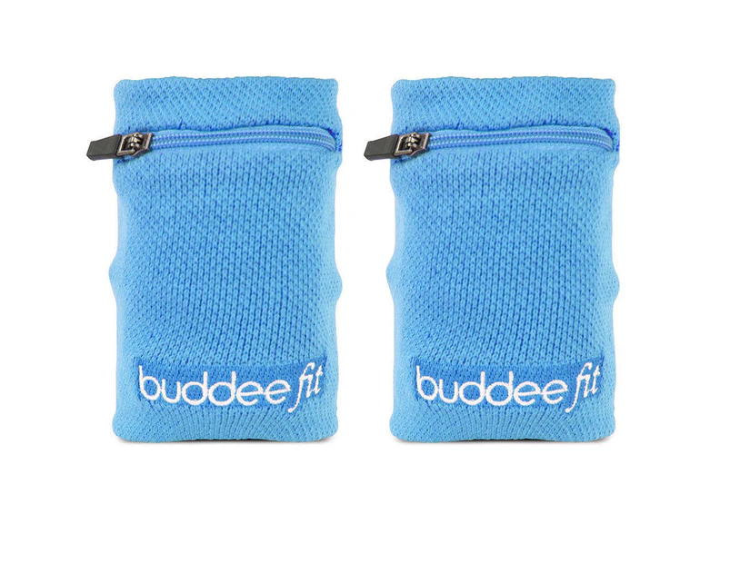 2PK Buddee Sports Blue Wristband/Zippered Pocket Jogging/Running Armband/Wallet