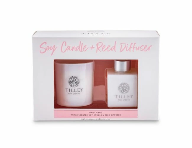 Tilley Body Candle & Reed Diffuser Gift Set - Pink Lychee