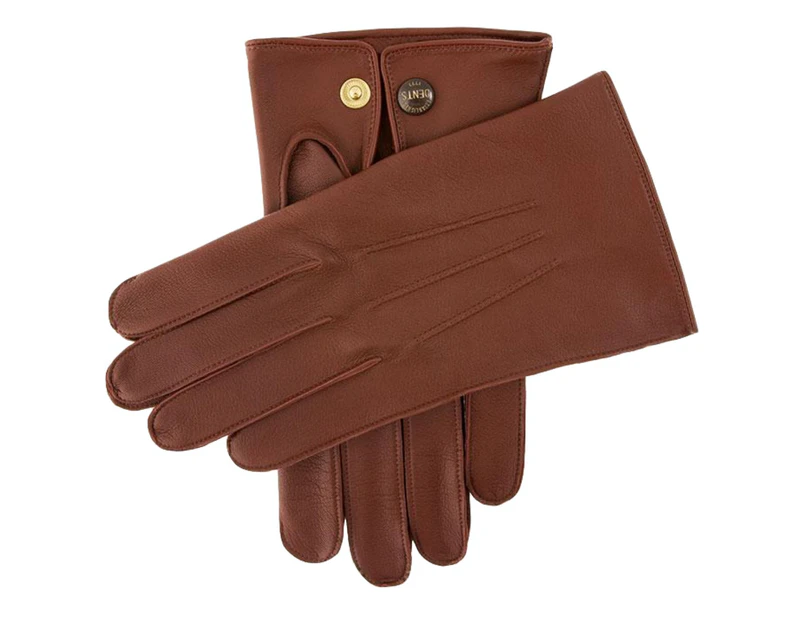 Dents Men's Classic Sandhurst Unlined Leather Gloves With 3-Point Stitch Detail Palm Vent & Dents Press Stud Fastening - English Tan