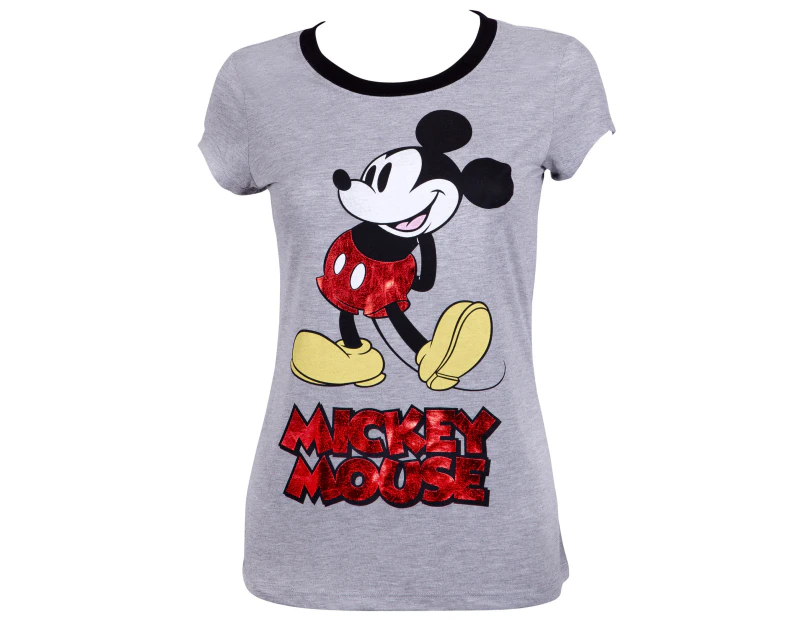 Mickey Mouse Ladies Red Foil Logo Grey Tee Shirt