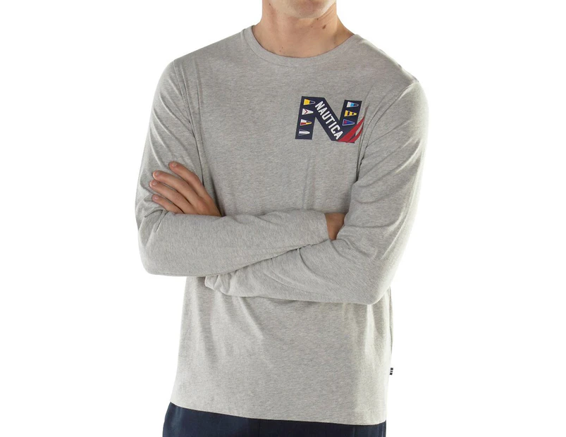 Nautica Men's Sailing Flag Graphic Long Sleeve Tee / T-Shirt / Tshirt - Grey Heather