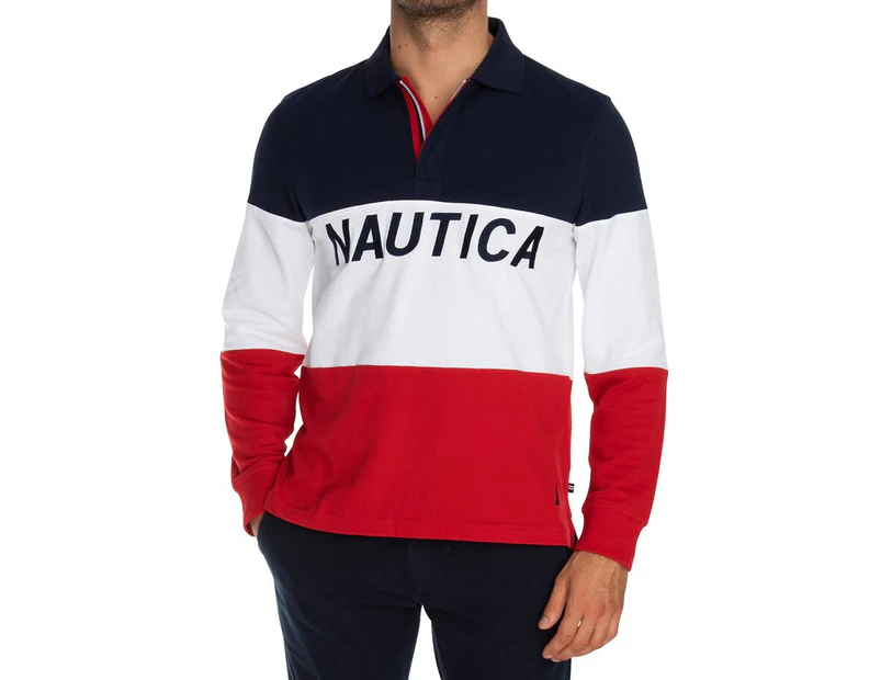Nautica Men's Tricoloured Long Sleeve Rugby Polo Shirt - Navy