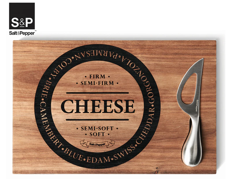 Salt & Pepper 2-Piece FROMAGE Cheese Serving Board & Cheese Knife Set - Wood/Silver