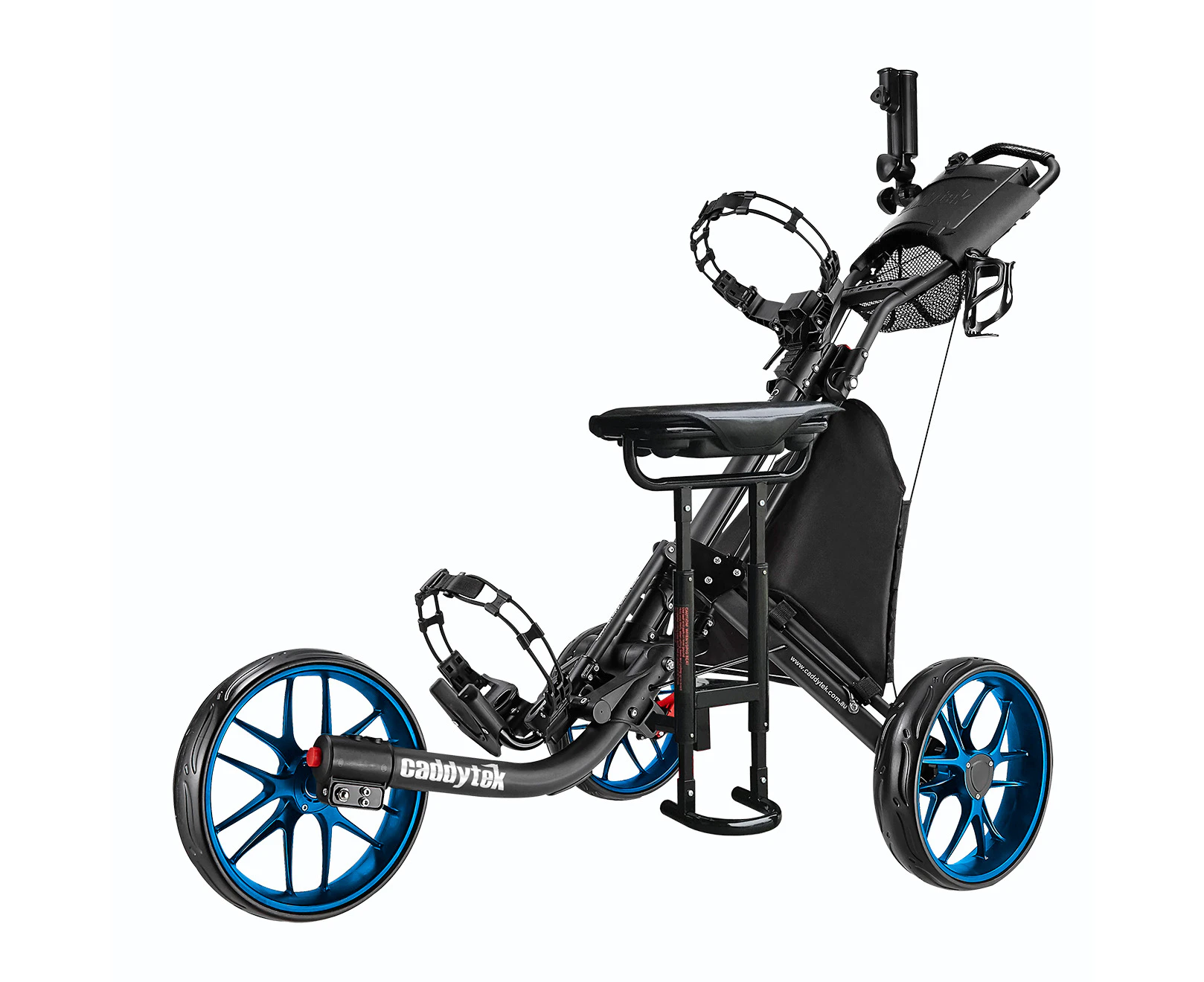 CaddyTek CaddyLite EZ-Fold Pro 3-Wheel Golf Buggy / Push Cart - Blue + Removable Seat