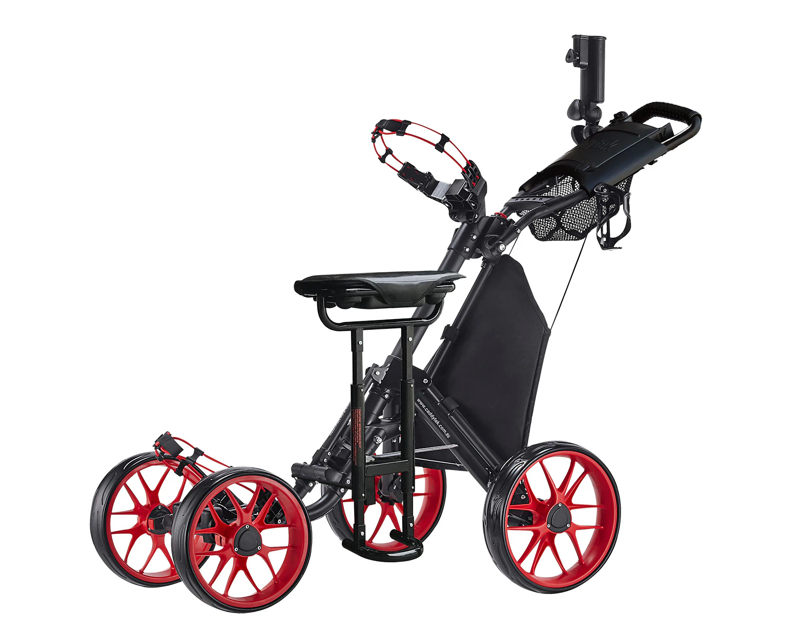 CaddyTek CaddyCruiser ONE Pro One-Click Folding 4-Wheel Golf Push Cart - Red + Removable Seat