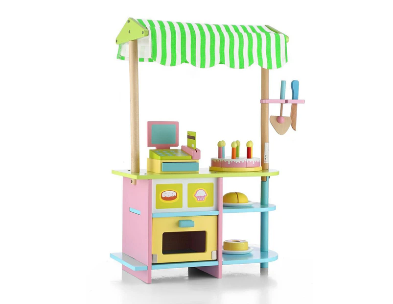 Kids Wooden Bakery Stand Counter Children Pretend Play Cake Toy Shop with Awning