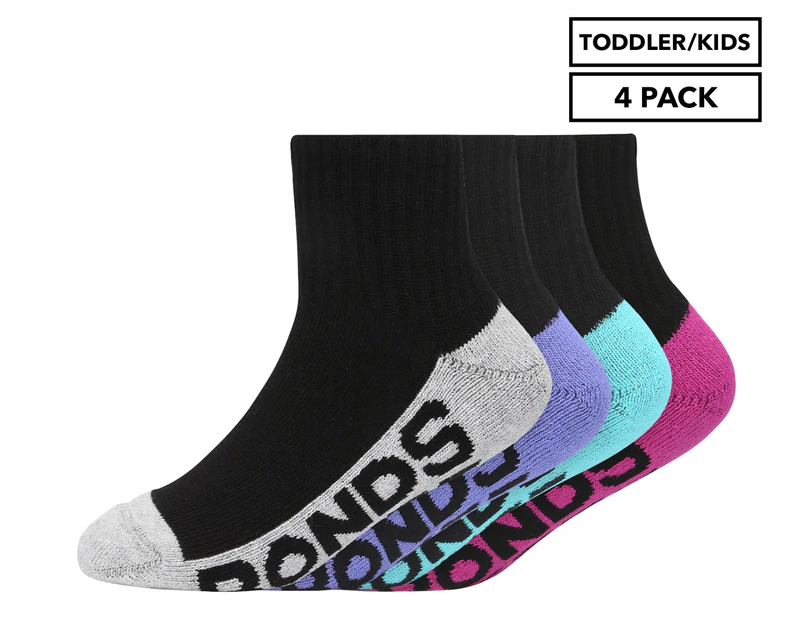 Bonds Toddler/Kids' Logo Cushioned Sole Quarter Crew Socks 4-Pack - Black/Multi