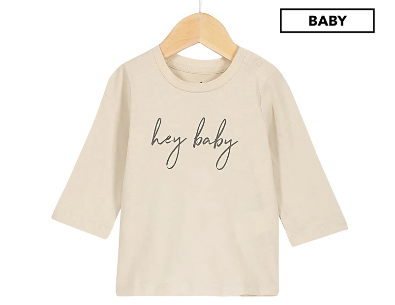 Cotton On Baby Girls' Jamie Long Sleeve Tee / T-Shirt / Tshirt  - Rainy Day Beige/Hey Baby