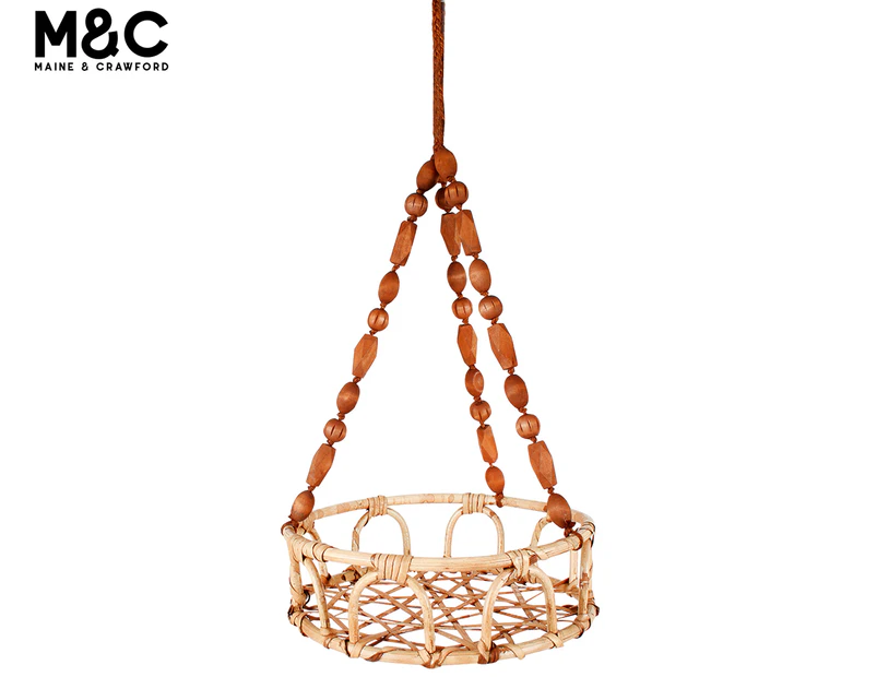 Maine & Crawford 55x28cm Luna Rattan & Bead Hanging Basket Pot - Brown