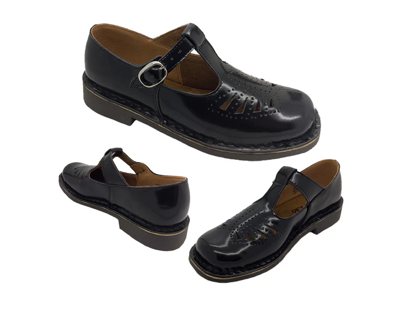 Wilde Jenny T-Bar Standard Fit Leather School Shoes Ladies Sizes Shine Finish - Black