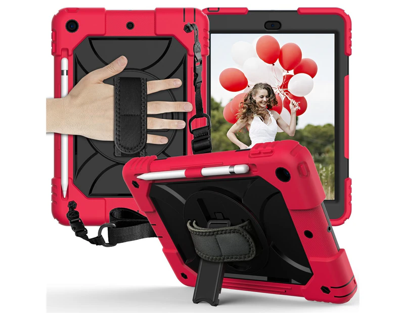 WIWU Rainbow iPad Case Kickstand/Hand+Neck Strap+Pencil Holder For iPad 7 10.2 inch 2019-Red&Black