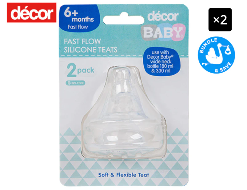 2 x Décor Baby 6+ Months Fast Flow Wide Neck Silicone Bottle Teats 2-Pack