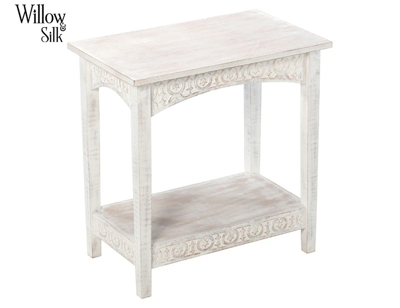 Willow & Silk Hamptons Carved Side Table w/ Shelf - White Washed