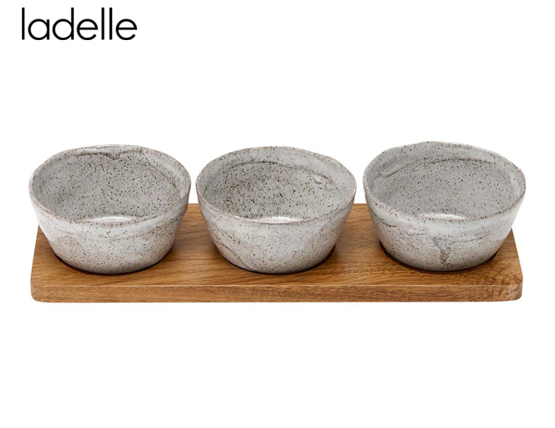 4pc Ladelle Artisan 10cm Deep Porcelain Bowl Set Grey w/ Wooden Board 31cm Tray