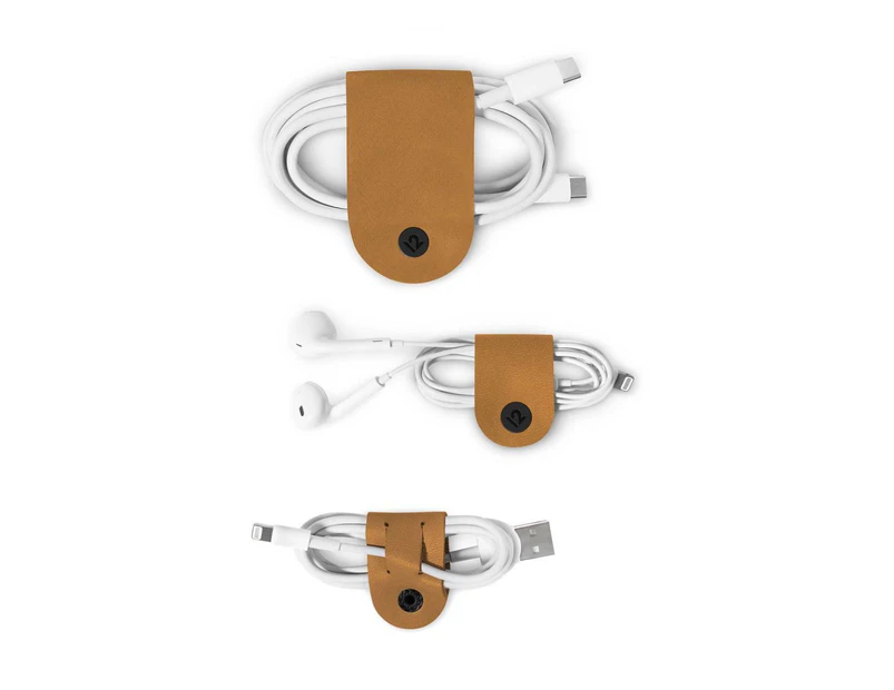 Twelve South CableSnap Leather Cable Organiser (1 Large + 2 Small) - Cognac