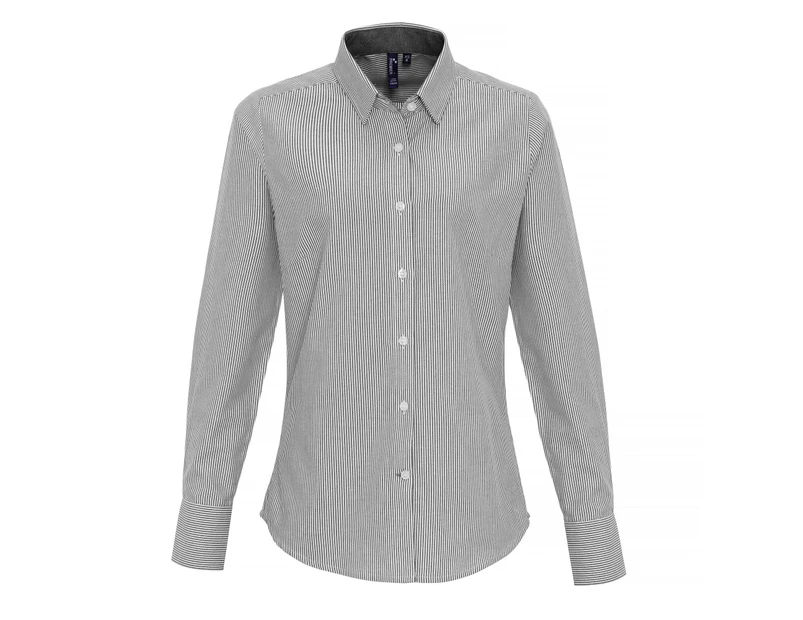 Premier Womens Cotton Rich Oxford Stripe Blouse (White/Grey) - RW6593