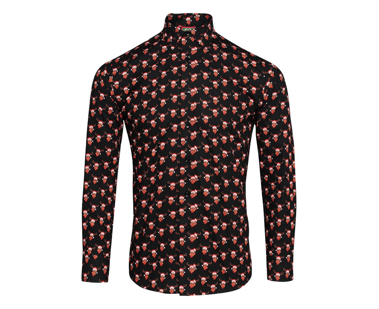 Christmas Shop Mens Printed Christmas Shirt (Reindeer Black) - RW5989