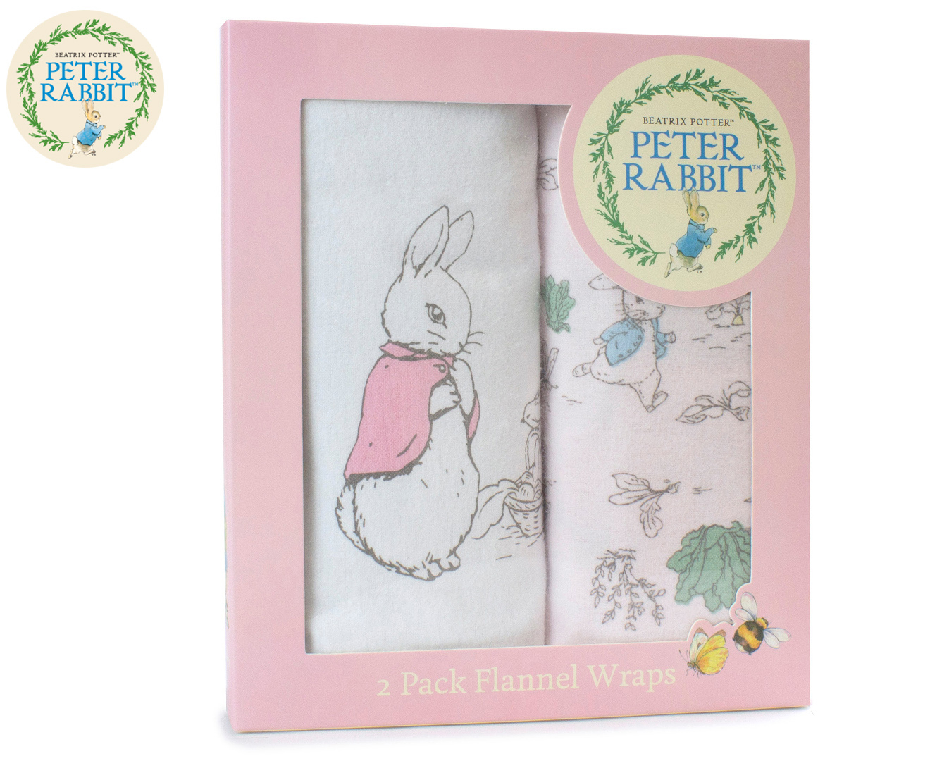 Peter Rabbit 100x100cm 'Hop Little Rabbit' Flannel Wraps 2-Pack - Pink ...