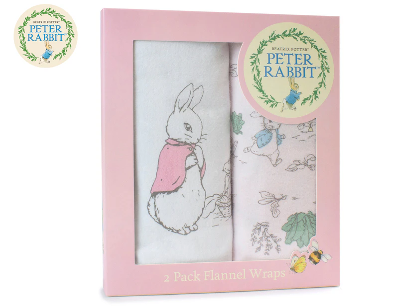 Peter Rabbit 100x100cm 'Hop Little Rabbit' Flannel Wraps 2-Pack - Pink