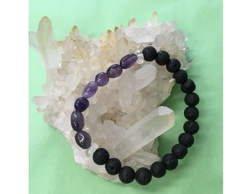 Child's Little Tumbled Amethyst, Clear Crystal Quartz and Lava Stone Aromatherapy Diffuser Bracelet - Handcrafted