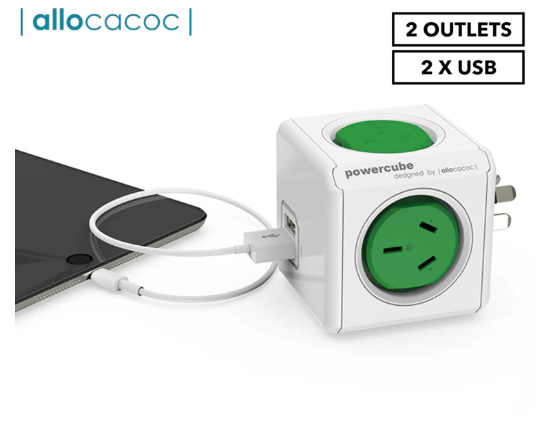 Allocacoc 2-Outlet Original PowerCube w/ USB - Green