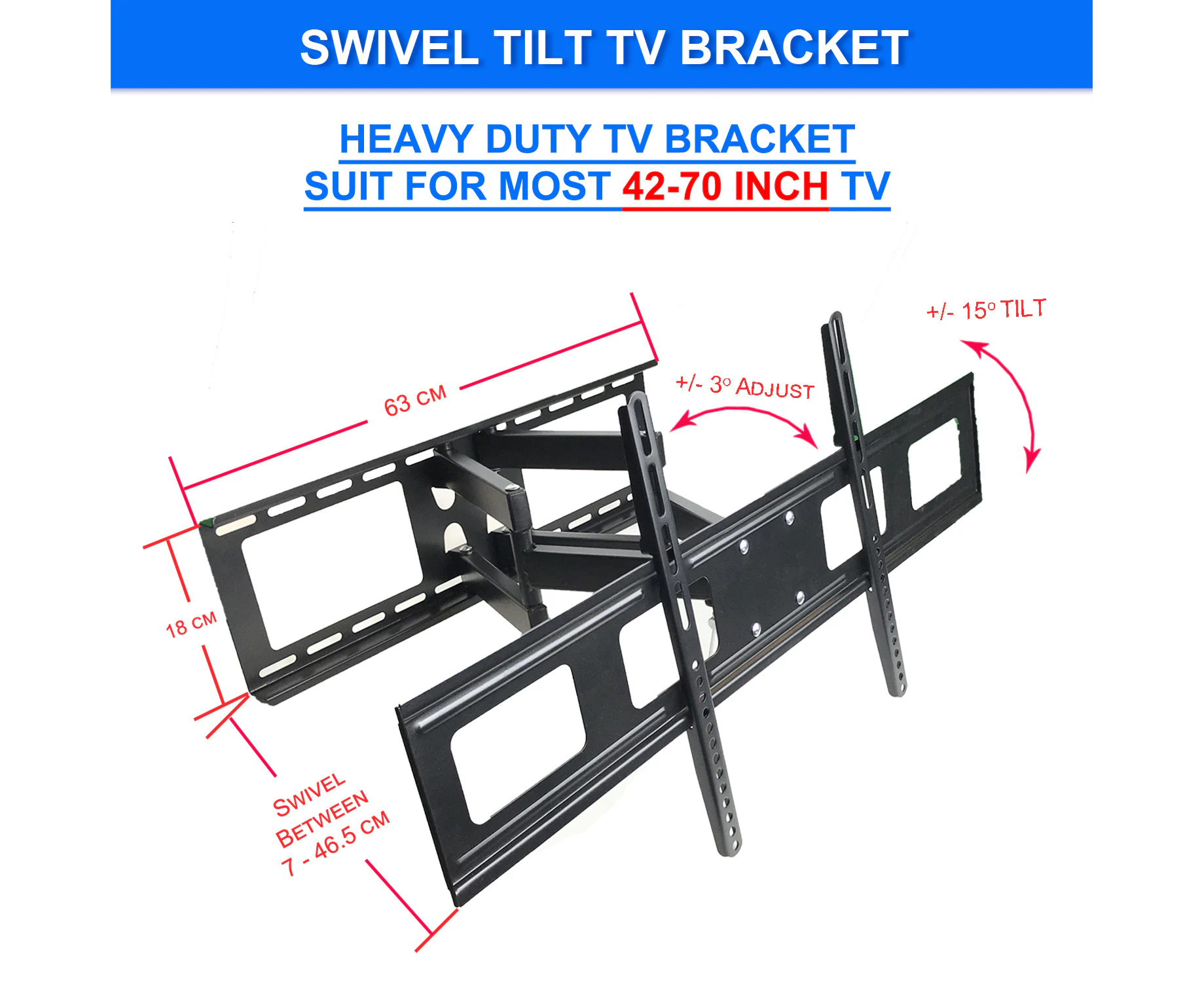 Full Motion Articulating Swivel Tilt LCD LED Flat TV Wall Mount Bracket for 42"-70" TVs Easy to install 70kg Capacity