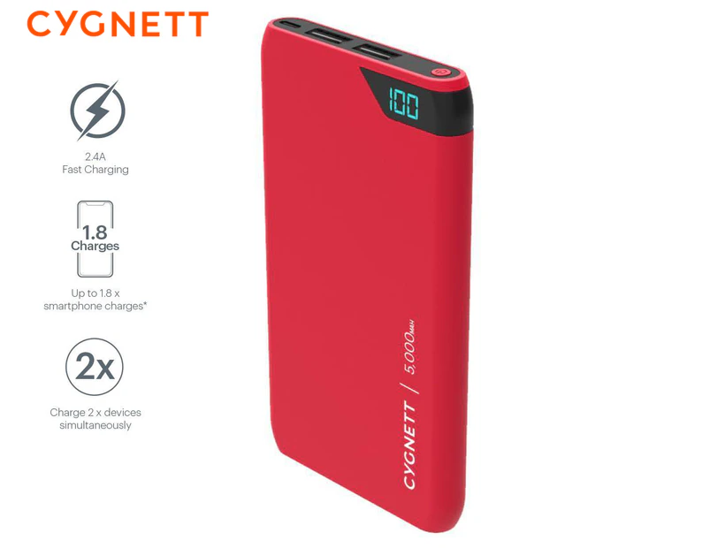 Cygnett ChargeUp Boost 5000mAh Rechargeable Power Bank - Red