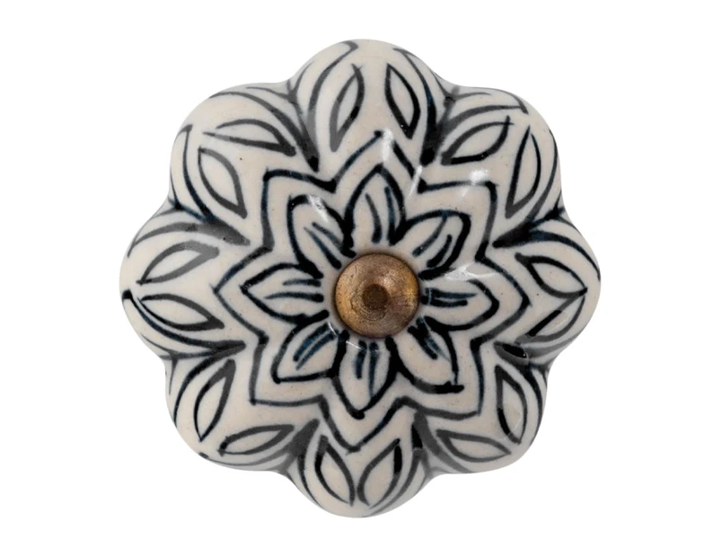 Nicola Spring Ceramic Cupboard Drawer Handle Knob - Vintage Flower Design - Black