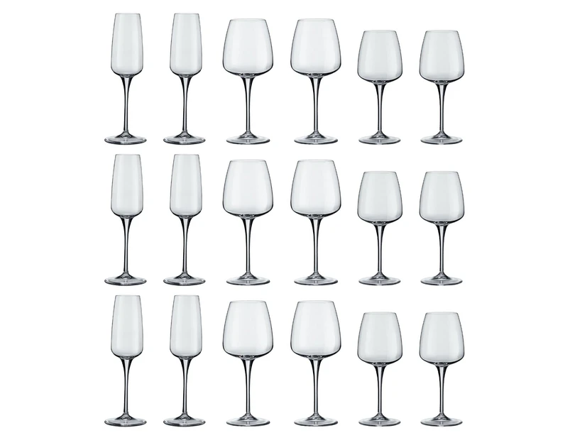 Bormioli Rocco Aurum Glass Champagne Flutes and Red White Wine Glasses - 18pc Set