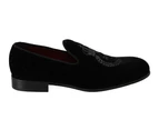 Dolce & Gabbana Black Velvet Crown Embroidered Loafers Shoes