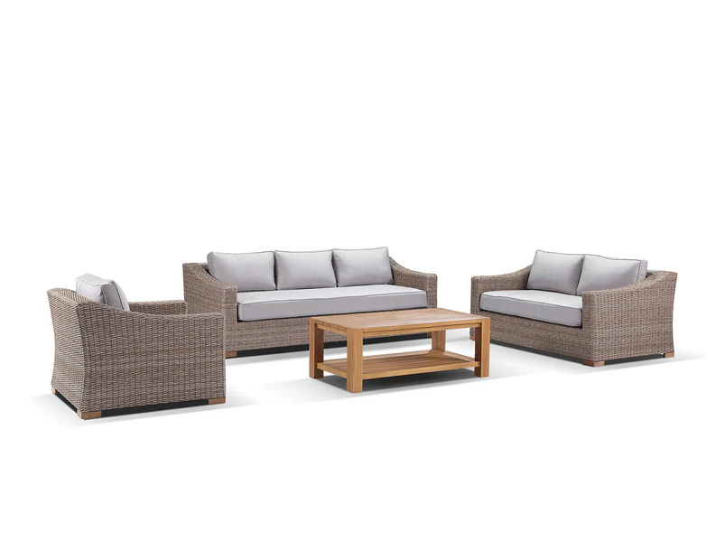 Retreat 3+2+1 Seater Lounge Setting With Coffee Table - Outdoor Wicker Lounges - Straw wicker with Olefin Grey