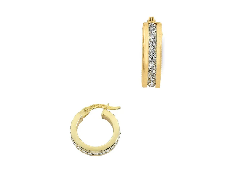 Bevilles 9ct Yellow Gold Silver Infused Crystal Hoop Earrings 10mm