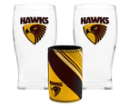 AFL Hawthorn Hawks Set Of 2 Pint Glasses w/ Can Cooler