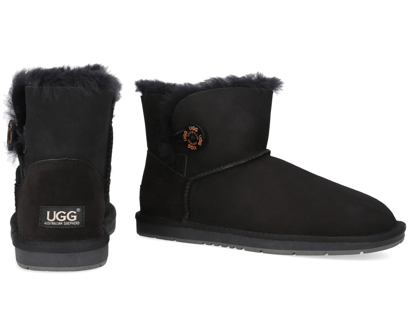 Australian Shepherd Ugg Unisex Mini Button Sheepskin Boots - Black