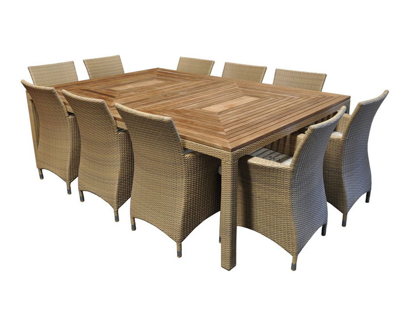 Outdoor Sahara 10 Seat Teak And Wicker Dining Table And Chairs Furniture Setting - Outdoor Wicker Dining Settings - Wheat wicker with Cream