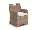 Outdoor Freedom Outdoor Wicker And Teak Timber Dining Arm Chair In Half Round Wicker - Outdoor Wicker Chairs - Brushed Wheat, Cream cushion