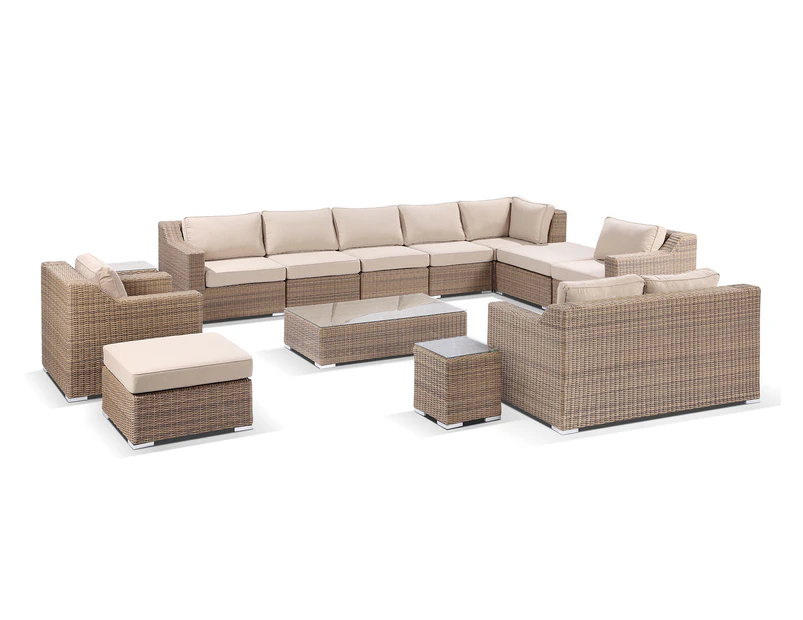 Milano Package G - Large Outdoor Wicker Modular Corner Balcony Lounge Setting - Outdoor Wicker Lounges - Brushed Wheat, Sand Cushion